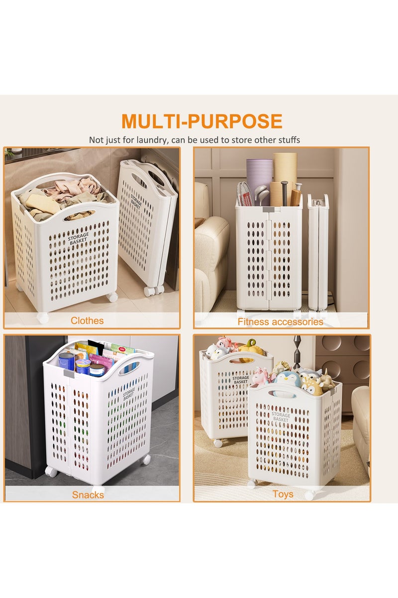 Laundry Basket on Wheels, 50L Foldable Plastic Laundry Basket, Slim Rolling Clothes Hamper with Handles, White Washing Basket for Laundry Sorter Clothes Toys Storage - Image 5