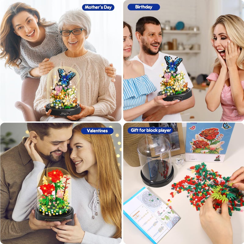 VZZNN 2 Pack Flower Bouquet Building Sets with LED Lighting,Animals Flowers Botanical Collection Mini Building Blocks Set, Valentine's Day for Her Mom Women Wife Girlfriend(Roses,Butterfly) - Image 4