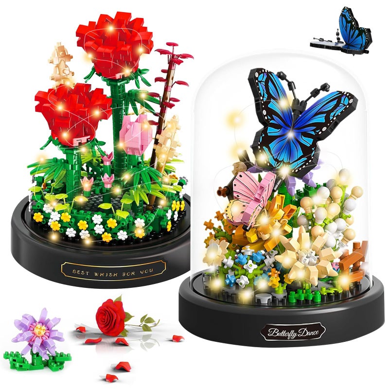 VZZNN 2 Pack Flower Bouquet Building Sets with LED Lighting,Animals Flowers Botanical Collection Mini Building Blocks Set, Valentine's Day for Her Mom Women Wife Girlfriend(Roses,Butterfly) - Image 1