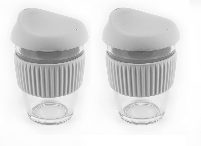 we3 Glass Tumbler to Go, Reusable Coffee & Tea Cup, Insulated, Clear Travel Mug with Anti-Splash Silicone Lid and Non-Slip Sleeve, 300ml Grey Pack of 2 - Image 1