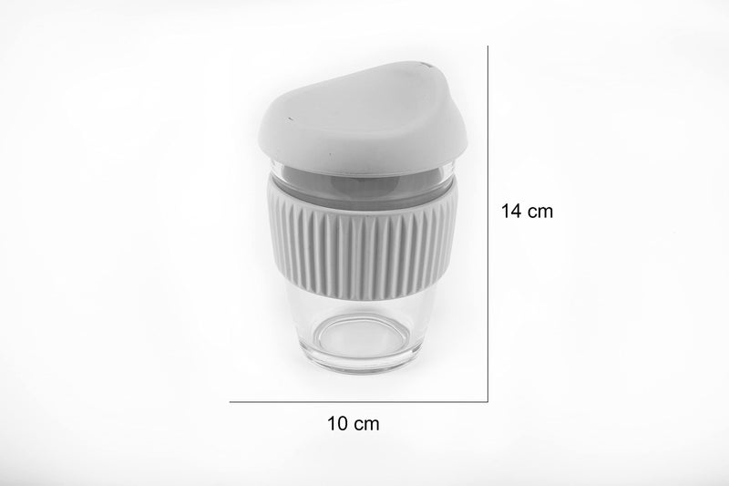 we3 Glass Tumbler to Go, Reusable Coffee & Tea Cup, Insulated, Clear Travel Mug with Anti-Splash Silicone Lid and Non-Slip Sleeve, 300ml Grey Pack of 2 - Image 2