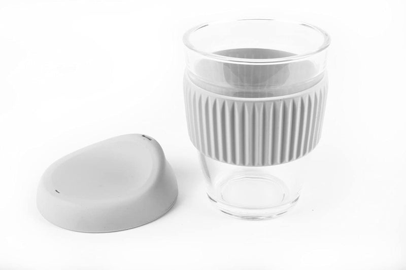 we3 Glass Tumbler to Go, Reusable Coffee & Tea Cup, Insulated, Clear Travel Mug with Anti-Splash Silicone Lid and Non-Slip Sleeve, 300ml Grey Pack of 2 - Image 3
