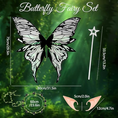 PATPAT® Butterfly Fairy Wings Costume Kit for Girls and Women, Iridescent Butterfly Wings Costume for Adults, Fairy Elf Outfit Compatible with Garland, Elf Ears & Fairy Wand Accessories - Image 2