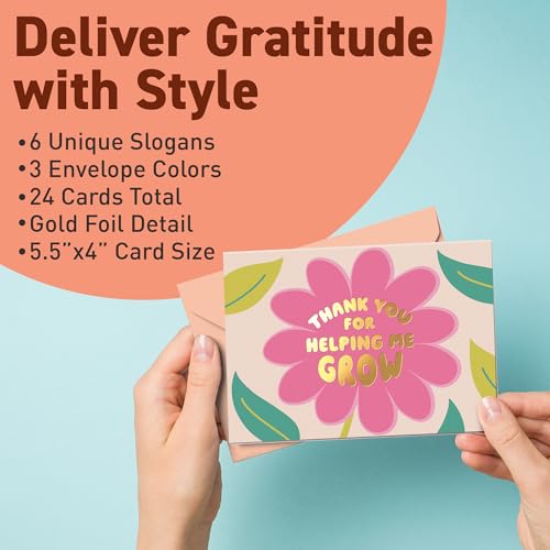 Sweetzer & Orange S&O Set of 24 School Teacher Appreciation Cards 2025 - 6 Assorted Thank You Notes - Cute Thanks Messages with Envelopes - Kids Grateful Designs for Mentor & Coach - Gratitude for Professors - Image 2