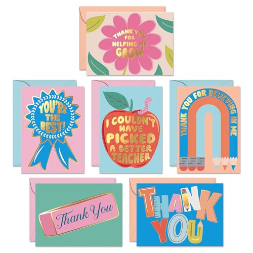 Sweetzer & Orange S&O Set of 24 School Teacher Appreciation Cards 2025 - 6 Assorted Thank You Notes - Cute Thanks Messages with Envelopes - Kids Grateful Designs for Mentor & Coach - Gratitude for Professors - Image 1