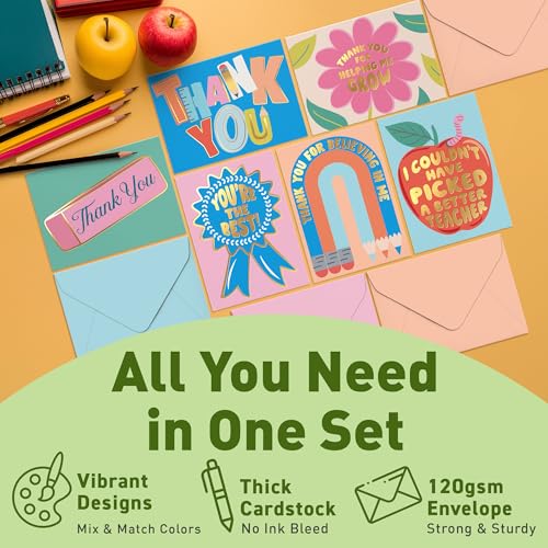 Sweetzer & Orange S&O Set of 24 School Teacher Appreciation Cards 2025 - 6 Assorted Thank You Notes - Cute Thanks Messages with Envelopes - Kids Grateful Designs for Mentor & Coach - Gratitude for Professors - Image 3