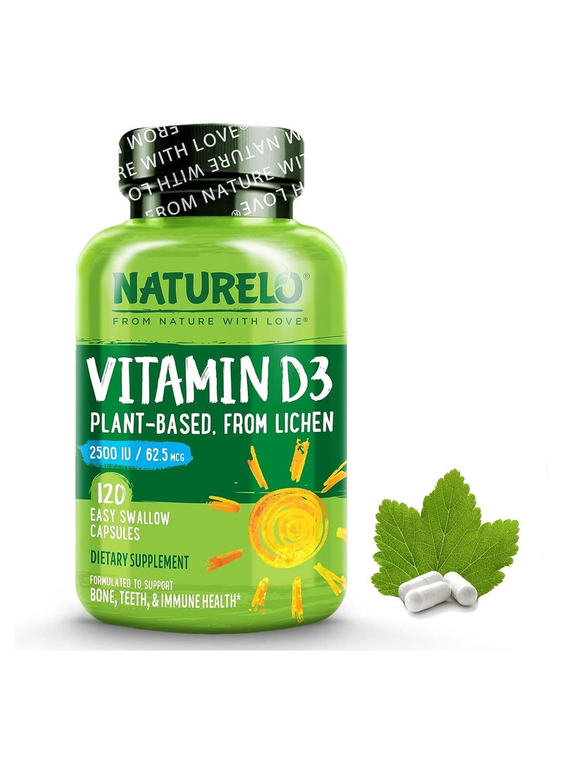 NATURELO فيتامين د3، نباتي، من نبات الأشنة 2500 وحدة دولية/ 62.5 ميكروجرام - مكمل غذائي لدعم صحة العظام والأسنان والمناعة، 120 كبسولة سهلة البلع  - Image 1
