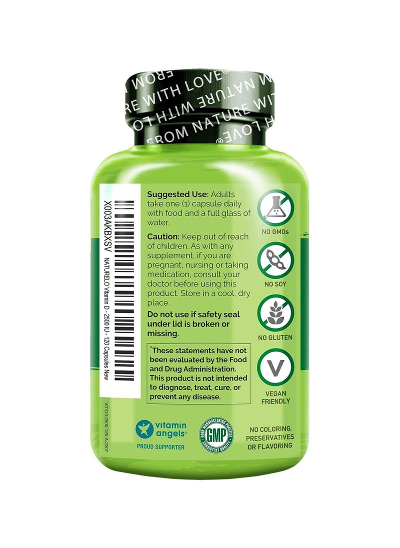 NATURELO فيتامين د3، نباتي، من نبات الأشنة 2500 وحدة دولية/ 62.5 ميكروجرام - مكمل غذائي لدعم صحة العظام والأسنان والمناعة، 120 كبسولة سهلة البلع  - Image 2