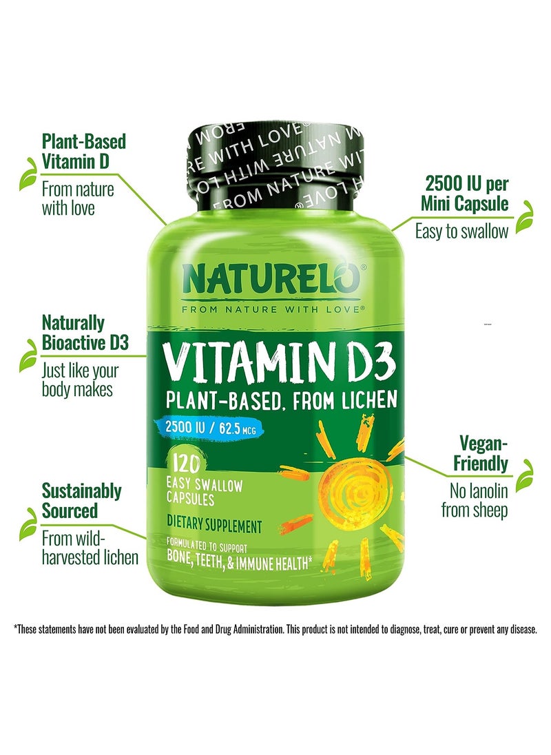 NATURELO فيتامين د3، نباتي، من نبات الأشنة 2500 وحدة دولية/ 62.5 ميكروجرام - مكمل غذائي لدعم صحة العظام والأسنان والمناعة، 120 كبسولة سهلة البلع  - Image 4