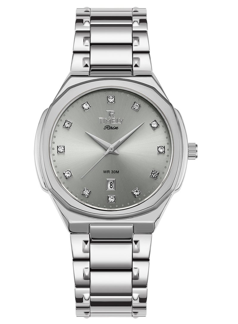 Men's Quartz Classic Wrist Watch Silver Stainless Steel Grey Dial