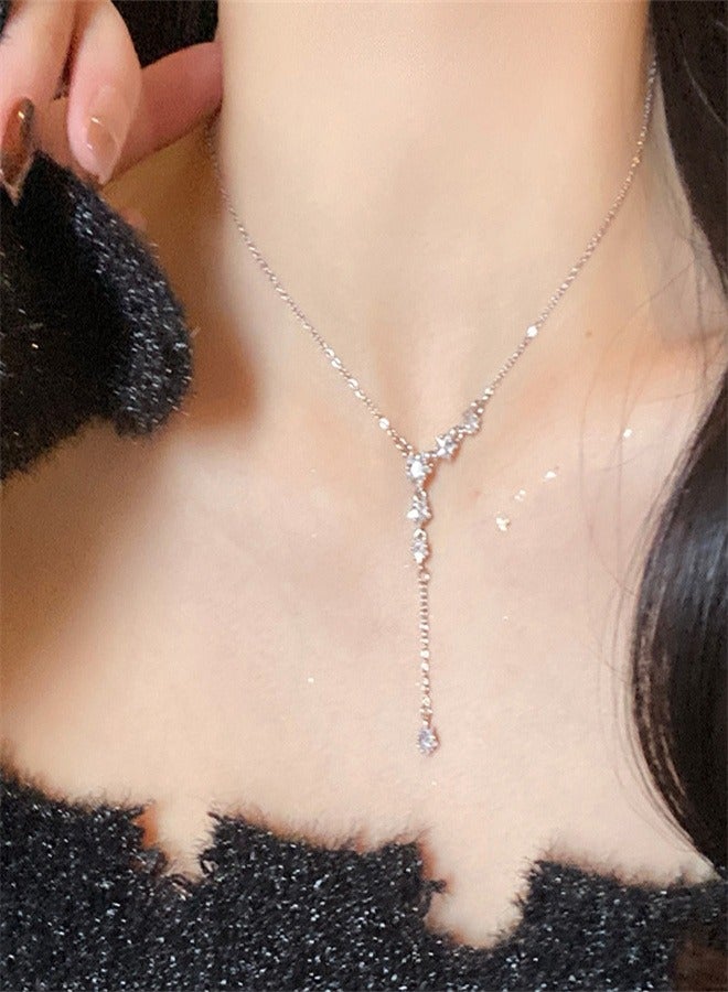 Star Y Necklace 925 Sterling Silver Star Choker Necklace Silver Crystal Star Drop Choker Chain Pendant Necklace Simple Necklace Chain Jewelry  for Women Teen Girls  - Image 2