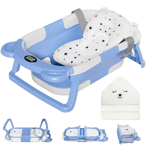 MoreFeel Collapsible Baby Bathtub for Newborn with Thermometer 1 Hooded Towel 1 Soft Floating CushionPortable Travel Bathtub with Drain Hole Durable Foldable Baby Tubs for Infants to Toddler - Image 1