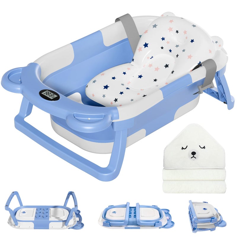 MoreFeel Collapsible Baby Bathtub for Newborn with Thermometer 1 Hooded Towel 1 Soft Floating CushionPortable Travel Bathtub with Drain Hole Durable Foldable Baby Tubs for Infants to Toddler - Image 2