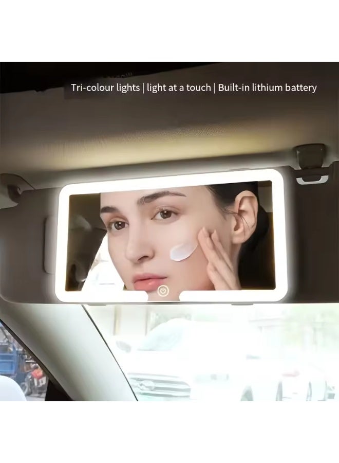 White Car Sun Visor Makeup Mirror with HD Glass LED Light Three Color Adjustable Brightness Foldable Design Passenger Side Vanity Mirror for Quick Touch Up Suitable for Most Cars - Image 3