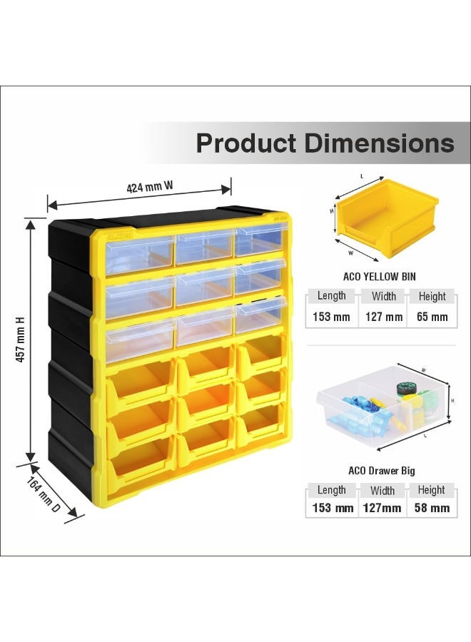 Alkon Plastic Component Organizer with 9 Bins and 9 Drawers ACO 9B9D Small Parts Storage Unit | Organization Cabinet | Office Supplies | Stationary | Nuts, Screws & Bolts | Small Hardware | Workshop & Garage | DIY | Hobbies | Crafts | LEGO | Toys | Collectables | Sewing | Jewellery | Pharmacy | Medicine | Clinic | Hospital | Shop | Mobile | Electronics | Cables - Image 2