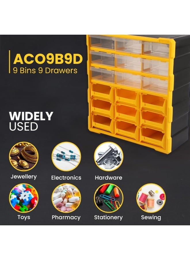 Alkon Plastic Component Organizer with 9 Bins and 9 Drawers ACO 9B9D Small Parts Storage Unit | Organization Cabinet | Office Supplies | Stationary | Nuts, Screws & Bolts | Small Hardware | Workshop & Garage | DIY | Hobbies | Crafts | LEGO | Toys | Collectables | Sewing | Jewellery | Pharmacy | Medicine | Clinic | Hospital | Shop | Mobile | Electronics | Cables - Image 4