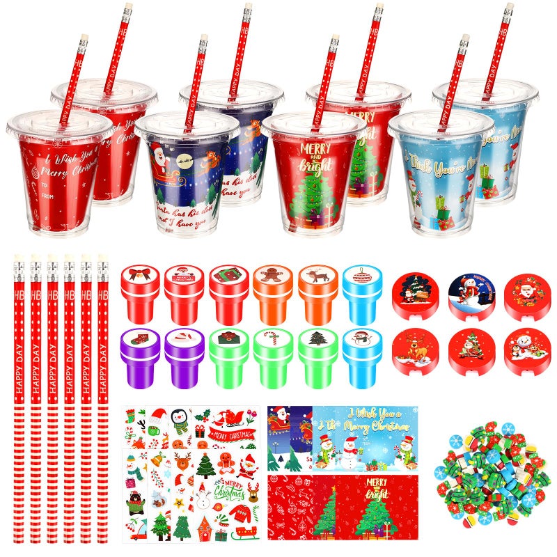 Hsei 24 Set Christmas Day Gifts for Kids Stationery Gift with Cards Pencils Stickers Erasers Stampers Sharpener Cups Classroom Prize School Exchange for Boys Kids Teens Girls Party Favors Santa