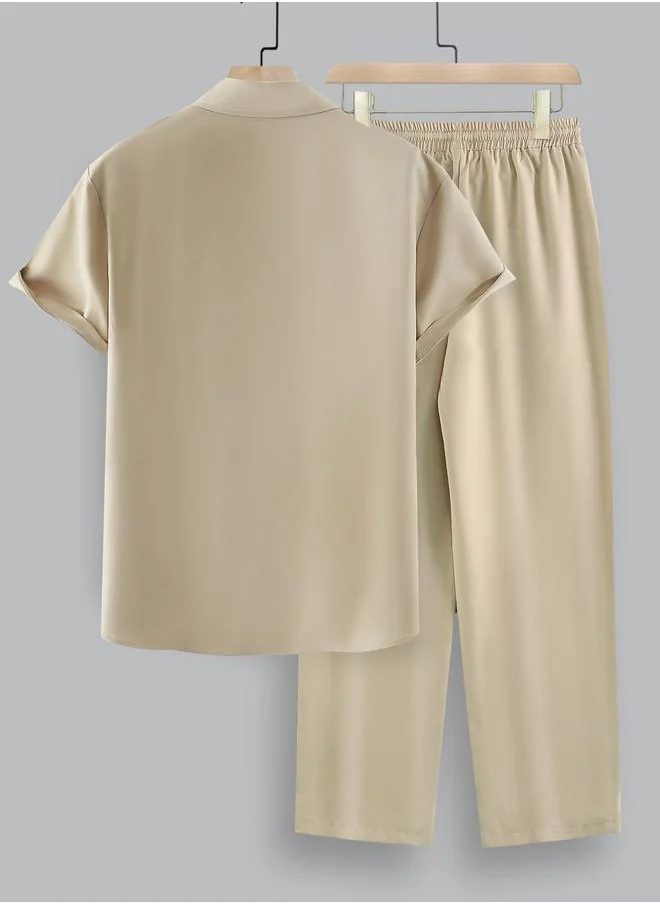 Take Two Take Two Solid Spread Collar Short Sleeve Shirt and Trousers Co-Ords