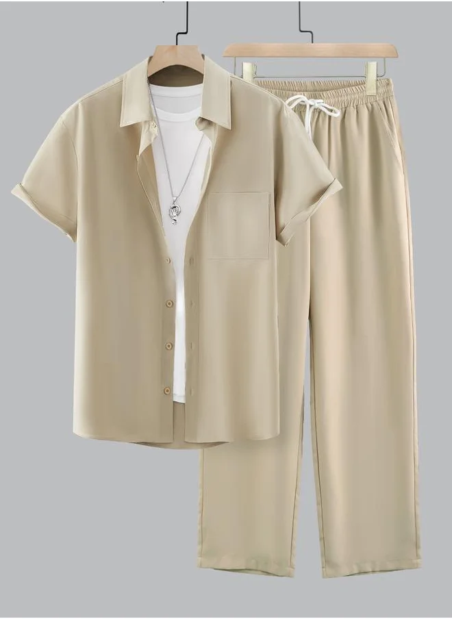 Take Two Take Two Solid Spread Collar Short Sleeve Shirt and Trousers Co-Ords