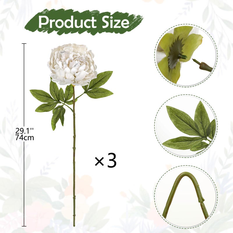 Briful 3PCS White Peony Artificial Flower Stems 29.1in Long Stem Fake Peonies Silk Floral Arrangement Real Touch Peony Flower for Christmas Home Vase Party Wedding Bouquet Decor - Image 2