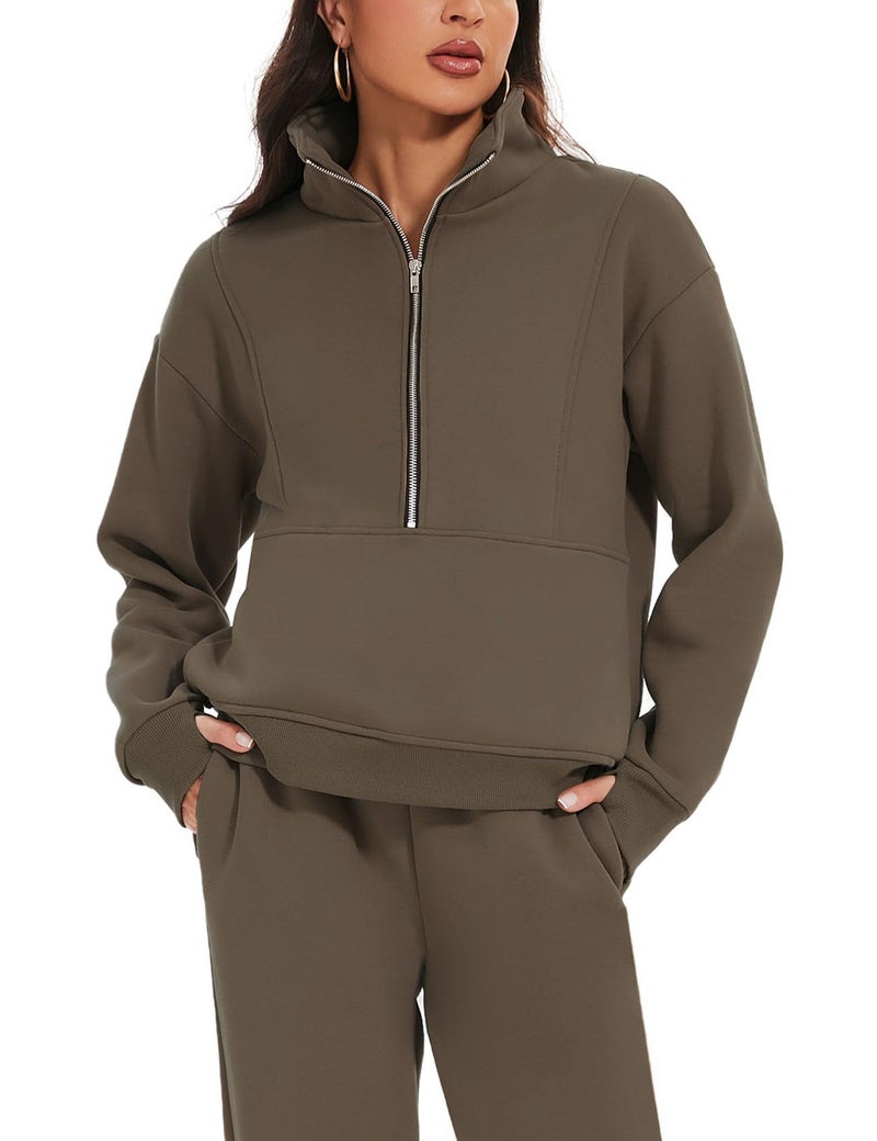 Eisctnd Womens Fleece 2 Piece Sweatsuit Lounge Set Long Sleeve Sweatshirt Jogger Pants Tracksuit Sweatsuit 2024 Fall Sets(Coffee-M) - Image 2