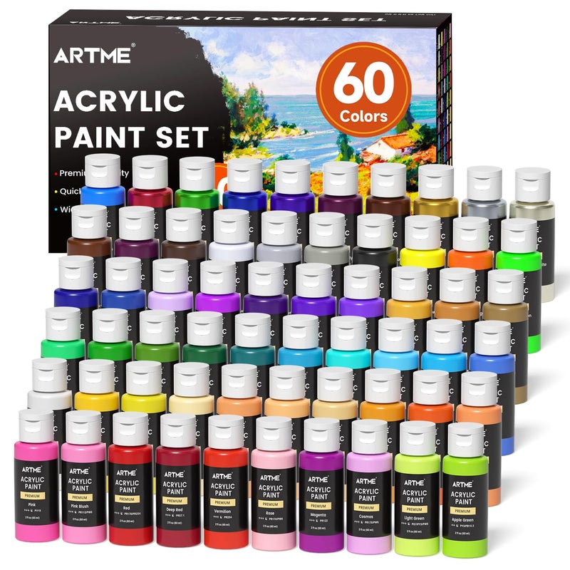 طقم ألوان أكريليك ARTME 60 لون في زجاجات 2 أونصة 60 مل غير سامة مقاومة للماء ألوان غنية للأكريليك للفنانين والطلاب والمبتدئين للرسم على الصخور والقماش والخشب والطين والأقمشة والسيراميك والحرف اليدوية