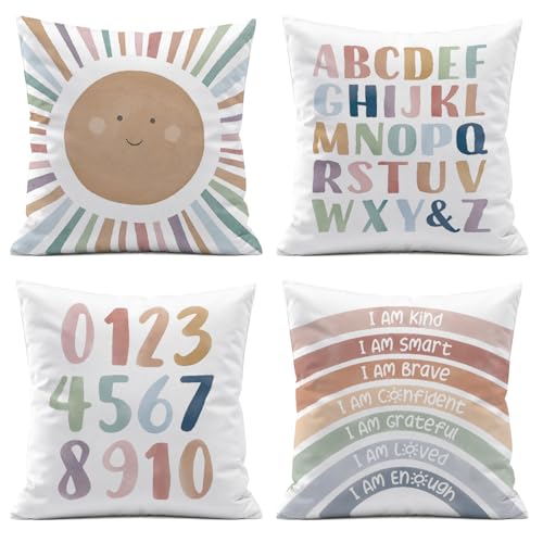 ISANOU Kids Playroom Decor,Boho Sun Alphabet Throw Pillow Covers,Kids Reading Nook Decor Pillowcase for Classroom Playroom Nursery,18x18 Inch Pillowcase Set of 4 - Image 1