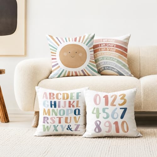 ISANOU Kids Playroom Decor,Boho Sun Alphabet Throw Pillow Covers,Kids Reading Nook Decor Pillowcase for Classroom Playroom Nursery,18x18 Inch Pillowcase Set of 4 - Image 2