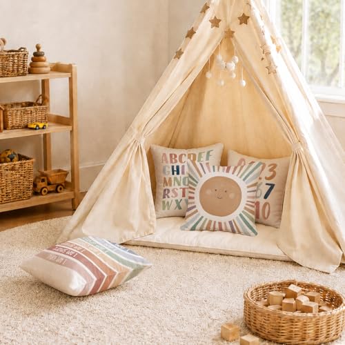 ISANOU Kids Playroom Decor,Boho Sun Alphabet Throw Pillow Covers,Kids Reading Nook Decor Pillowcase for Classroom Playroom Nursery,18x18 Inch Pillowcase Set of 4 - Image 3