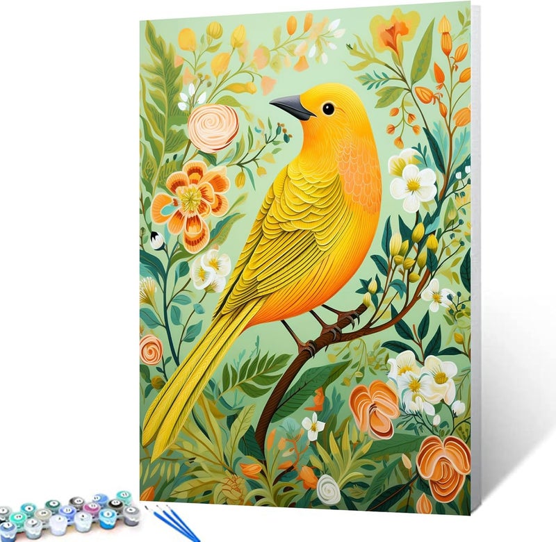 Tucocoo طائر أصفر ساطع مع طلاء زهور أخضر بواسطة مجموعات الرسم بالأرقام 16x20 بوصة قماش رومانسية للرسم الزيتي DIY للأطفال والطلاب والبالغين المبتدئين مع فرش الأكريليك هدايا بدون إطار - Image 2