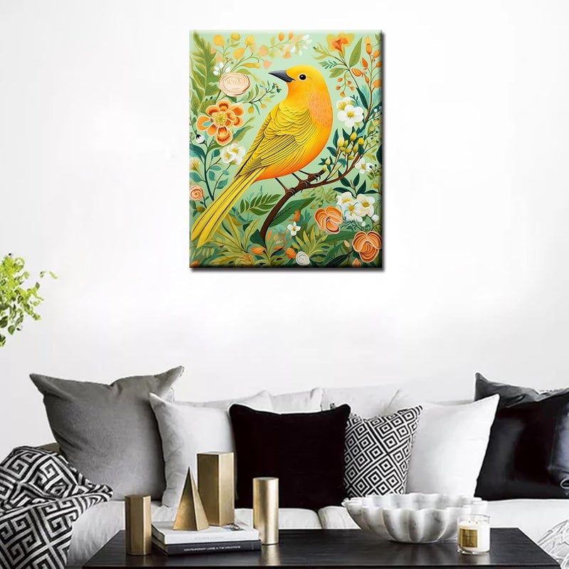 Tucocoo طائر أصفر ساطع مع طلاء زهور أخضر بواسطة مجموعات الرسم بالأرقام 16x20 بوصة قماش رومانسية للرسم الزيتي DIY للأطفال والطلاب والبالغين المبتدئين مع فرش الأكريليك هدايا بدون إطار - Image 3