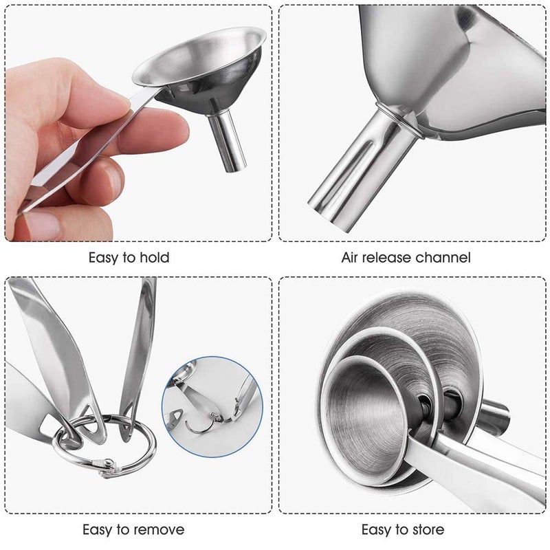 Toncoo 3-in-1 Premium Kitchen Funnel Set, Food Grade Stainless Steel Funnel for Filling Bottles, Small Bottle Funnel, Metal Funnel, Mini Funnel for Essential Oil, Flask, Spices, Liquid, Dry - Image 5