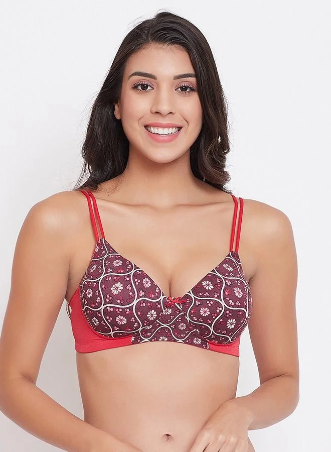 كلوفيا Clovia Padded Non Wired Full Cup Floral Print T shirt Bra in Brown