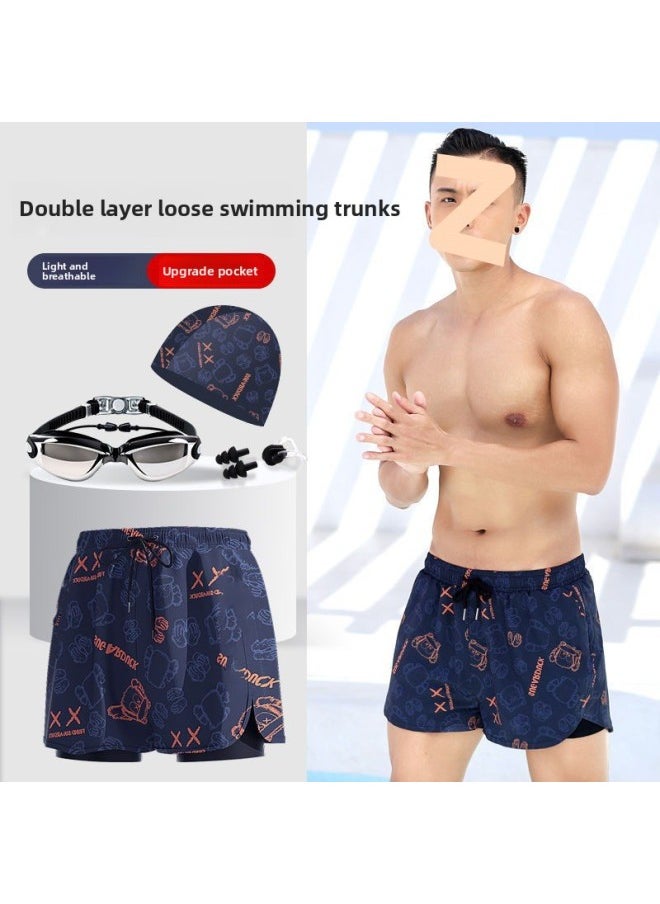Loquat Swimming Trunks Men's Swimming Trunks Men's Anti-embarrassment 2023 Loose Swimming Cap Swimming Goggles Three-piece Swimming Equipment Full Set-Color:Blue Bear + Mobile Phone Bag-  - Image 3