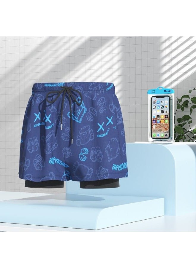 Loquat Swimming Trunks Men's Swimming Trunks Men's Anti-embarrassment 2023 Loose Swimming Cap Swimming Goggles Three-piece Swimming Equipment Full Set-Color:Blue Bear + Mobile Phone Bag-  - Image 1