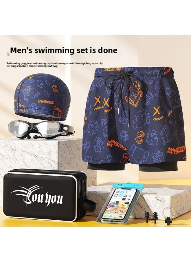 Loquat Swimming Trunks Men's Swimming Trunks Men's Anti-embarrassment 2023 Loose Swimming Cap Swimming Goggles Three-piece Swimming Equipment Full Set-Color:Blue Bear + Mobile Phone Bag-  - Image 2