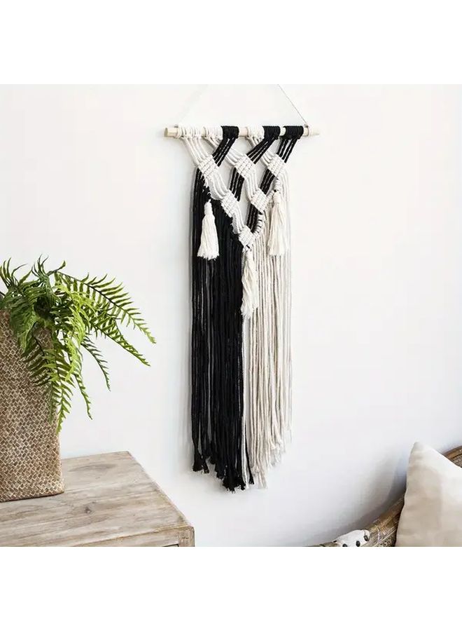 نموذج أ - نسيج حائط بوهيمي أبيض وأسود مع زخارف هندسية وشرابات، قطعة فنية يدوية الصنع لتزيين غرفة النوم أو غرفة المعيشة - Image 5