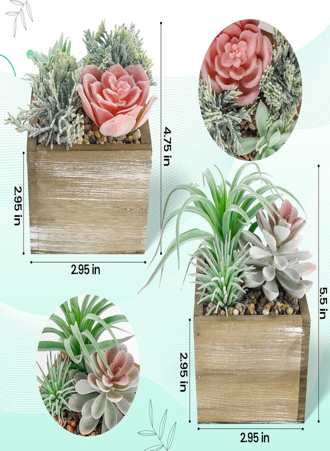 Der Rose Set of 2 Fake Plants Succulents Plants Artificial in Wood Pots with Pink Fake Flowers for Bathroom Bedroom Aesthetic Living Room Decor - Image 3