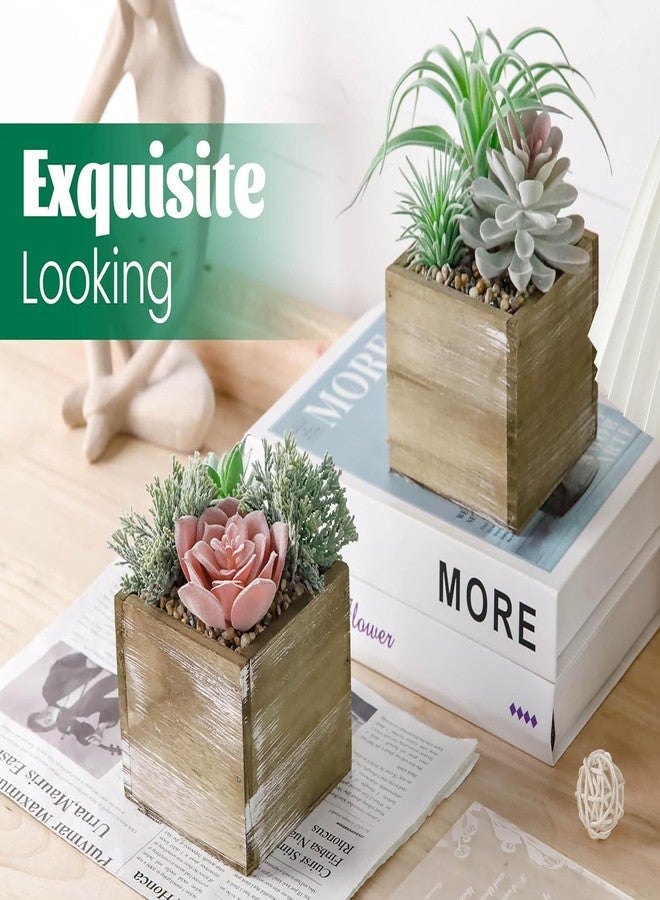 Der Rose Set of 2 Fake Plants Succulents Plants Artificial in Wood Pots with Pink Fake Flowers for Bathroom Bedroom Aesthetic Living Room Decor - Image 2