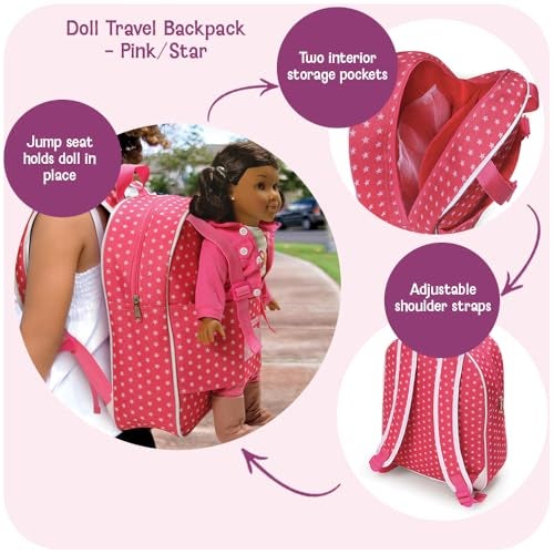 Badger Basket Doll Travel Backpack for Dolls Stylish Durable Carrying Case with Clear Storage Pockets Best for OntheGo Play and Doll Accessories Design in Pink White Stars - Image 5