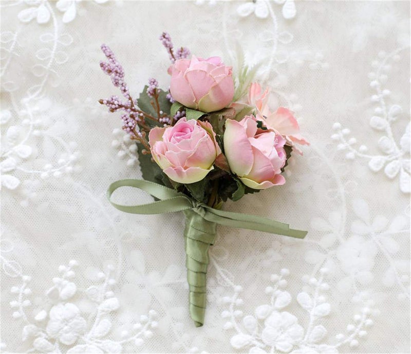 Flonding Rose Wedding Wrist Corsage and Boutonniere Set Party Prom Hand Ribbon Flower Suit Decor (Pink) - Image 2