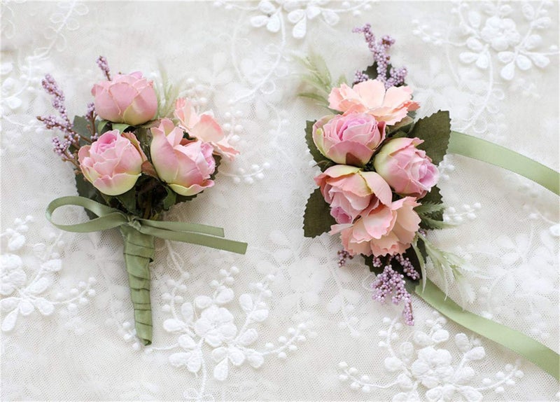 Flonding Rose Wedding Wrist Corsage and Boutonniere Set Party Prom Hand Ribbon Flower Suit Decor (Pink) - Image 5