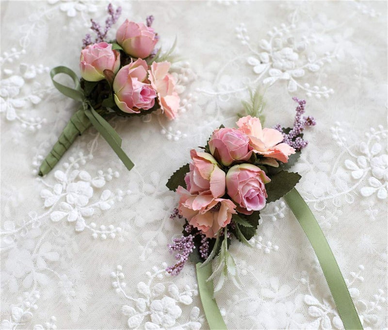 Flonding Rose Wedding Wrist Corsage and Boutonniere Set Party Prom Hand Ribbon Flower Suit Decor (Pink) - Image 4