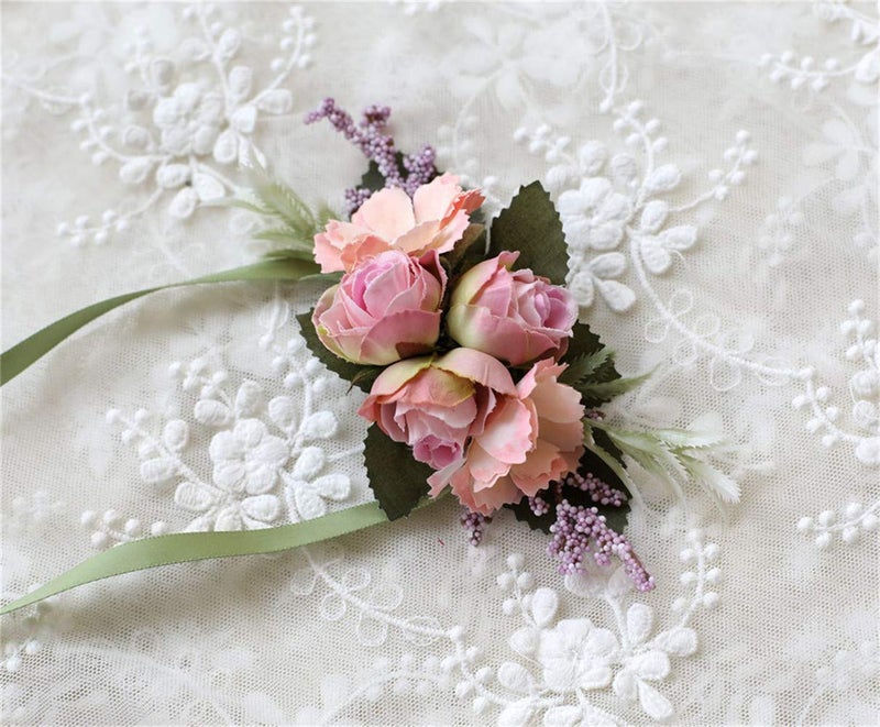 Flonding Rose Wedding Wrist Corsage and Boutonniere Set Party Prom Hand Ribbon Flower Suit Decor (Pink) - Image 3