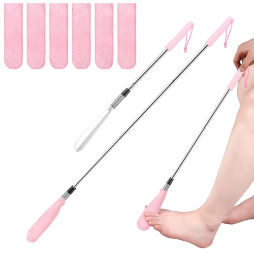 Velmitten Toe Cleaning Brush Lotion Applicator for Feet with 6 Reusable Drying Covers Foot Cleaner with Telescopic Stainless Steel 1630 Inch Handle Toe Scrubber for Elderly Disabled Men Women Pink - Image 1
