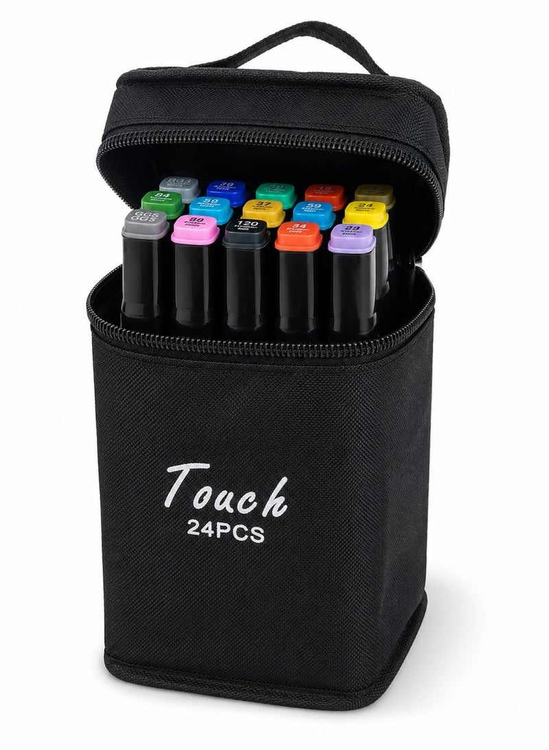 Dual Tip Alcohol Art Markers 24 Colors Set, Twin Side Sketch Drawing Marker Pens for Painting, Quick Dry Assorted Colour Painting Kit Supplies for Kids & Artists, With Black Oxford Cloth Zipper Storage Bag - Image 1