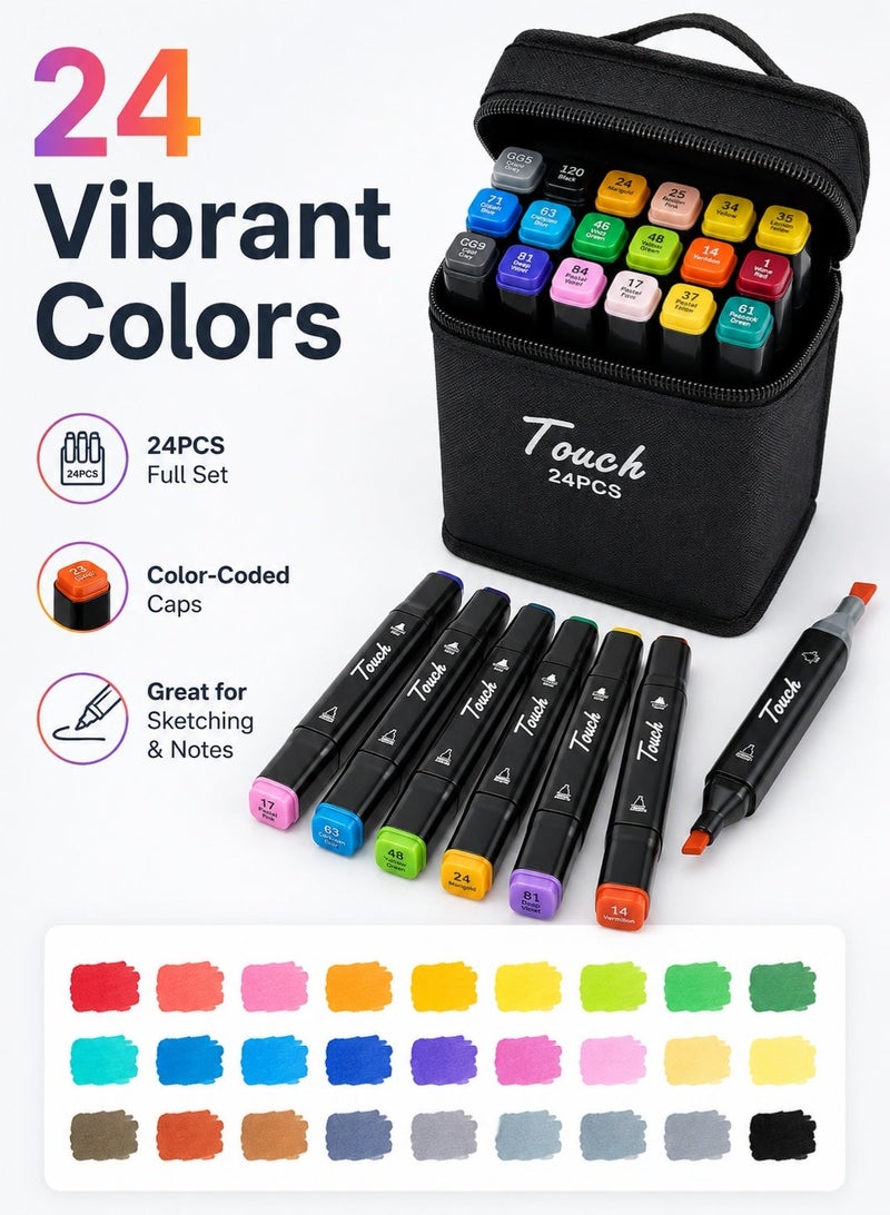 Dual Tip Alcohol Art Markers 24 Colors Set, Twin Side Sketch Drawing Marker Pens for Painting, Quick Dry Assorted Colour Painting Kit Supplies for Kids & Artists, With Black Oxford Cloth Zipper Storage Bag - Image 2