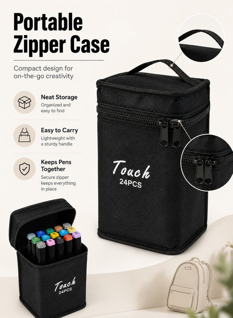 Dual Tip Alcohol Art Markers 24 Colors Set, Twin Side Sketch Drawing Marker Pens for Painting, Quick Dry Assorted Colour Painting Kit Supplies for Kids & Artists, With Black Oxford Cloth Zipper Storage Bag - Image 3