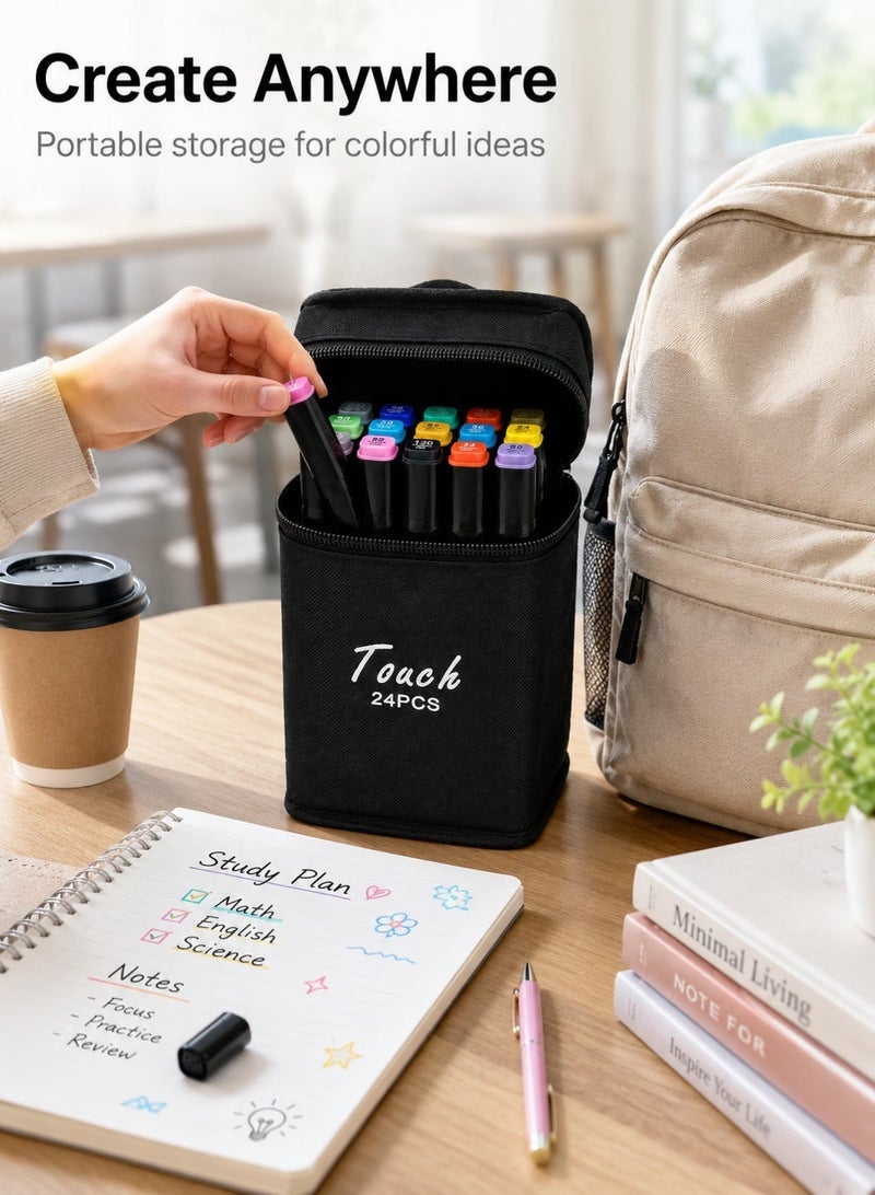 Dual Tip Alcohol Art Markers 24 Colors Set, Twin Side Sketch Drawing Marker Pens for Painting, Quick Dry Assorted Colour Painting Kit Supplies for Kids & Artists, With Black Oxford Cloth Zipper Storage Bag - Image 5