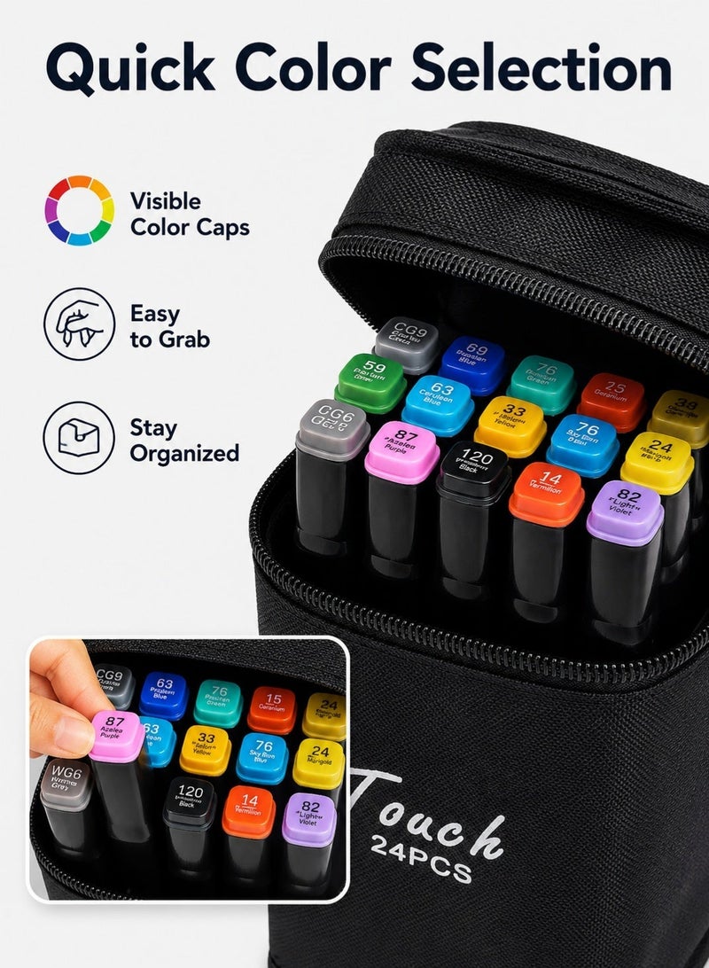 Dual Tip Alcohol Art Markers 24 Colors Set, Twin Side Sketch Drawing Marker Pens for Painting, Quick Dry Assorted Colour Painting Kit Supplies for Kids & Artists, With Black Oxford Cloth Zipper Storage Bag - Image 4